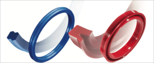 Statisch-dynamisches Dichtungsprofil R15 aus EcopuR 95A-bl FG (links) und das dynamische Dichtungsprofil K01 aus H-EcopuR